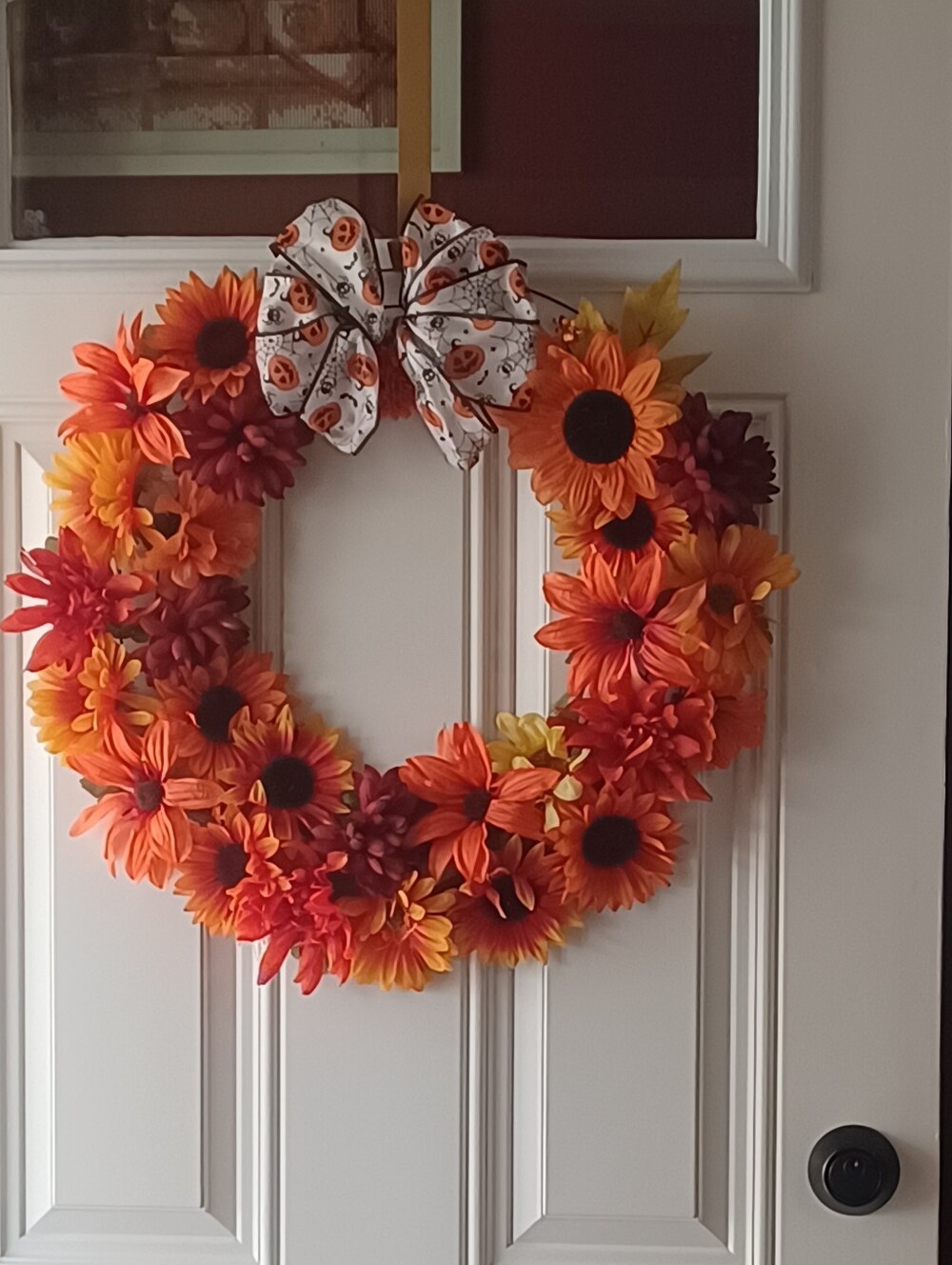 Autumn Sunflower Wreath with Halloween Bow - Orange